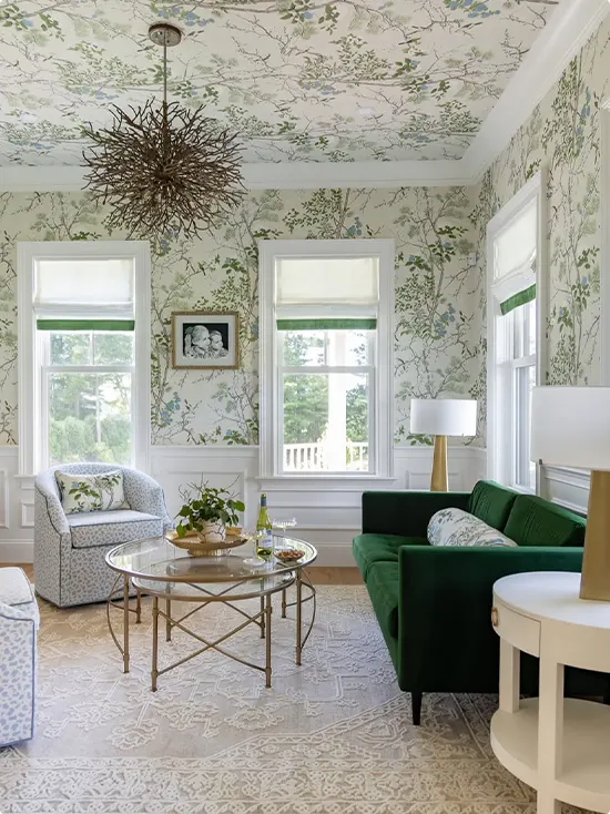 Botanical wallpaper covering the full wall height