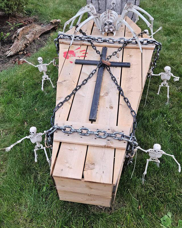 Chained Coffin with Blood Splattered Black Cross