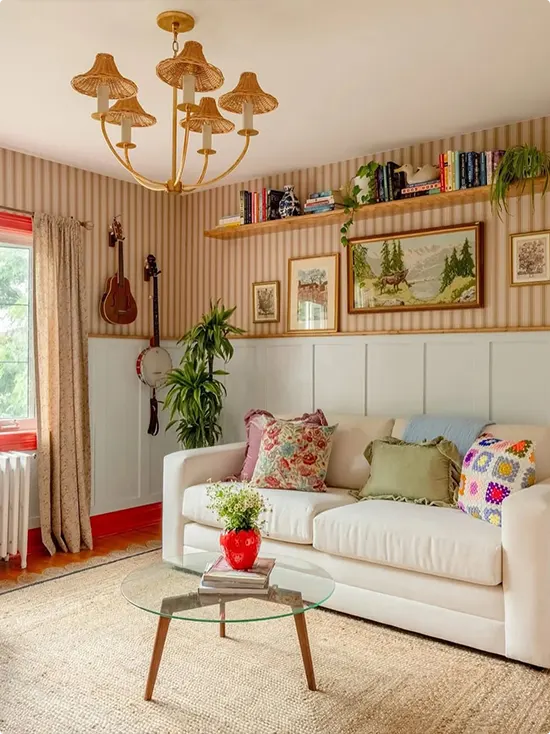 Classic Blush and Cream Striped Wallpaper with Eclectic Floating Shelves