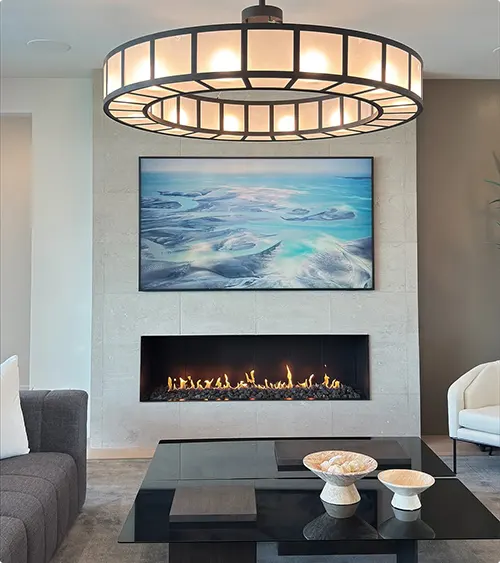Concrete-Look Tile Fireplace Wall with Ocean View