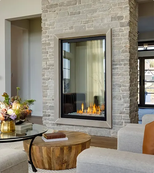 Corner Fireplace with White Brick and Vertical Glass