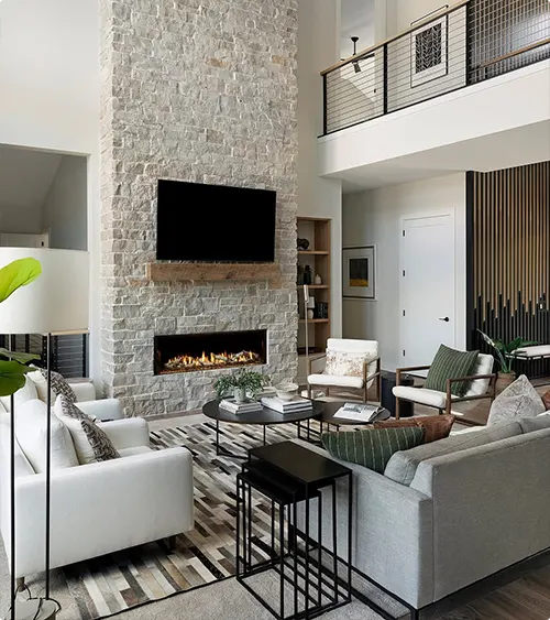Double-Height Whitewashed Stone Fireplace