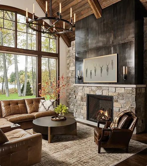 Fireplace with Rustic Stone Surround and Metal Hood