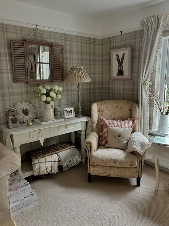 Gray and Beige Plaid Wallpaper with a Floral Armchair