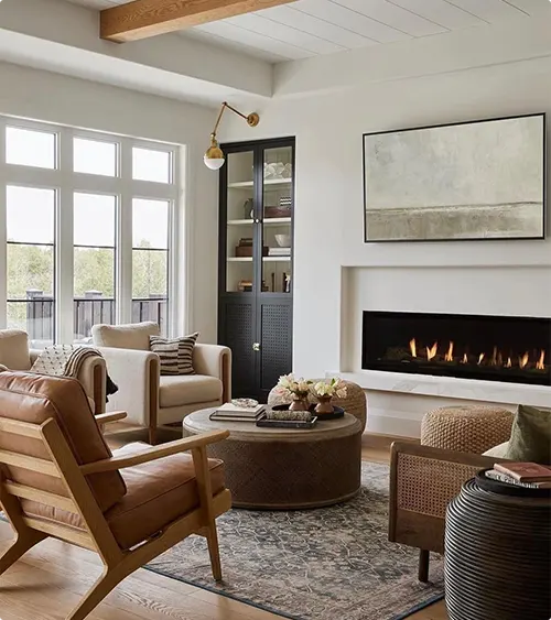 Minimalist Horizontal Fireplace with an Exposed Beam