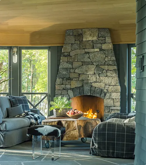 Rustic Stone Fireplace and Live Edge Coffee Table