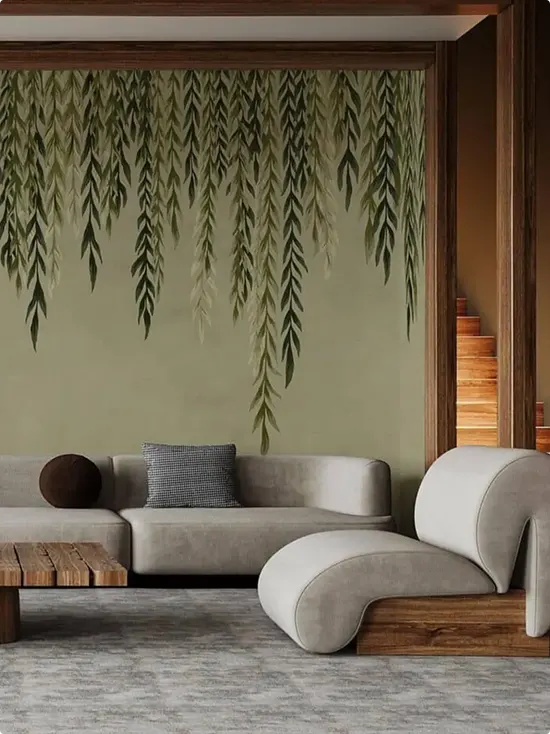 Sage Green Willow Leaf Mural with a Curved Cream Sofa