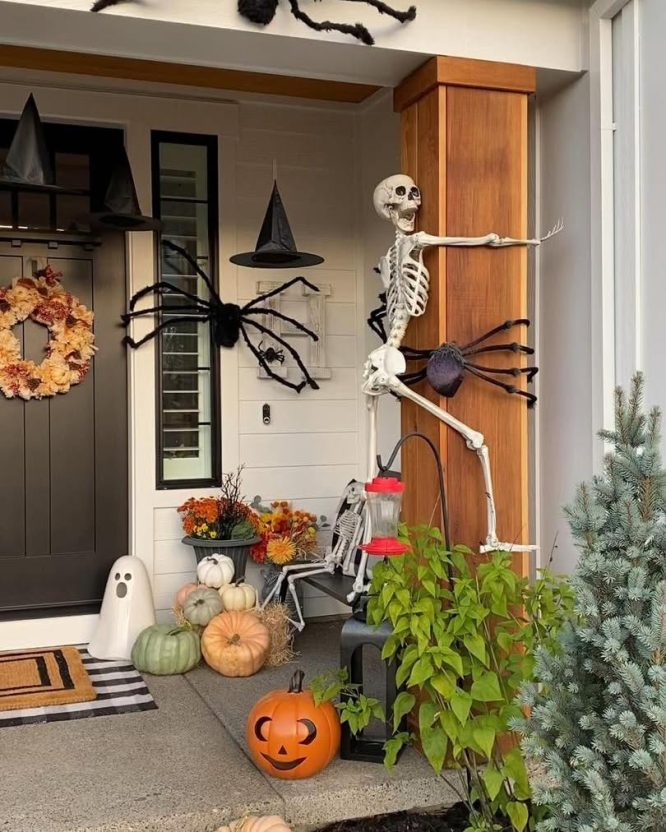 Skeleton Scaling a Porch Post