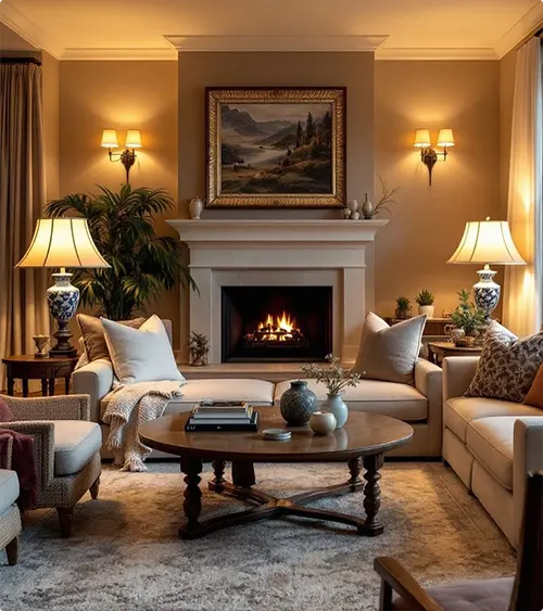 Symmetrical Fireplace with Landscape Artwork