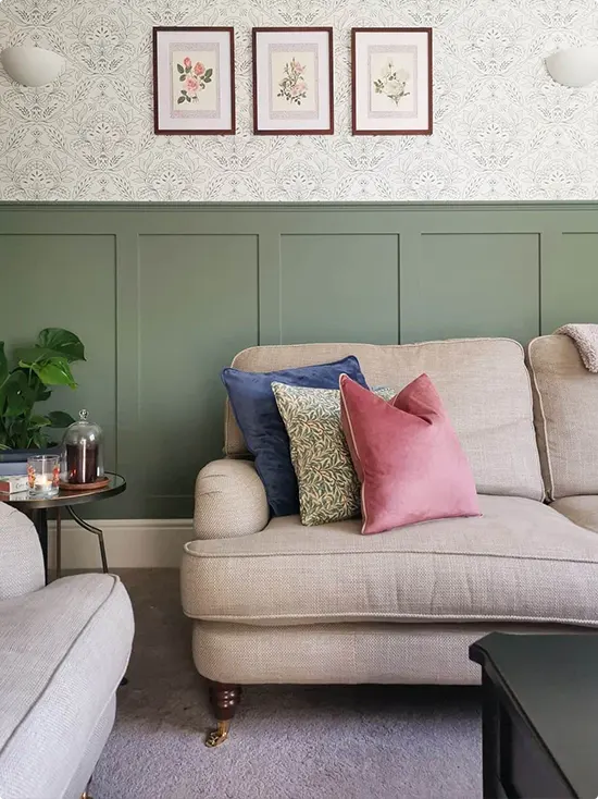 White Damask Wallpaper and Sage Wainscoting