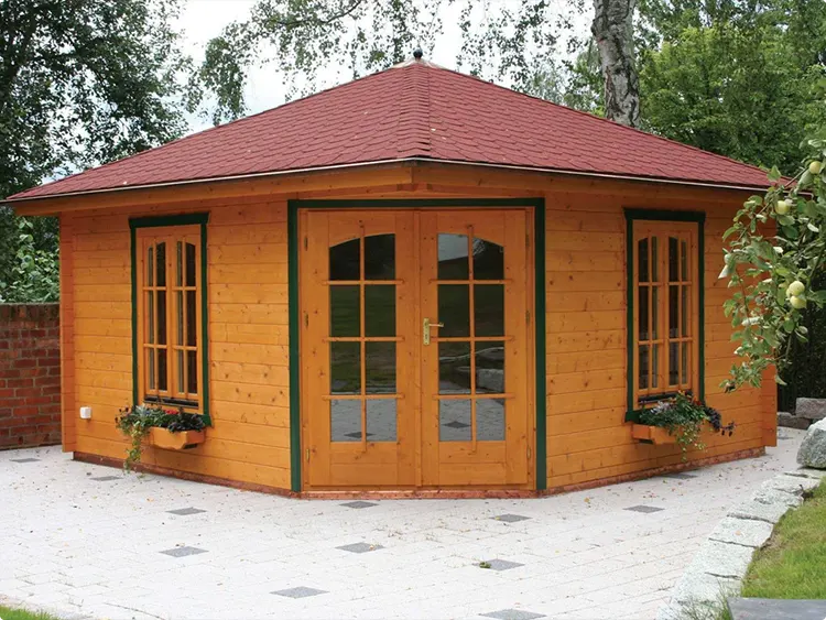 Cabin with Arched Windows and Red Shingles