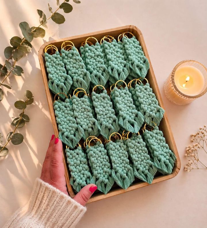 Macrame Keychain with a Mint Leaf