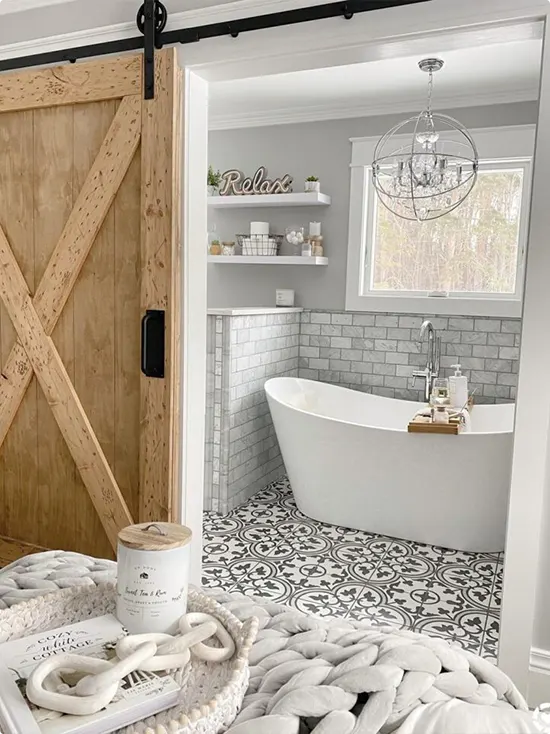 Natural Wood Barn Door with Crystal Chandelier