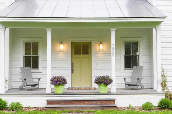 Olive Green Door and Lime Planter of Purple Petunias