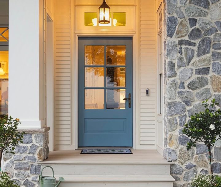 Soft Slate Blue Door with Mixed Siding