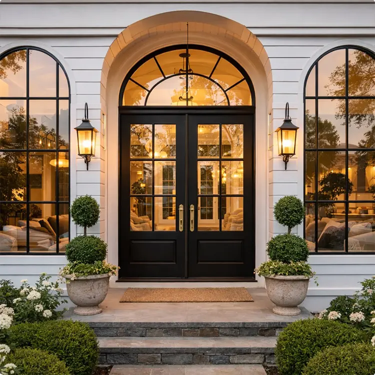 Arched Transom Above Black Double French Doors