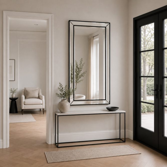 Beveled Mirror Above a Slim Console
