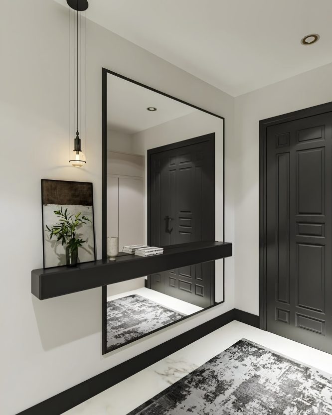 Black Angled Mirror and Floating Shelf