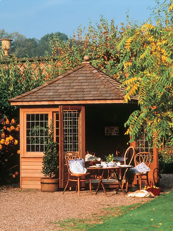 Cedar-Toned Tea Pavilion in an Autumn Landscape