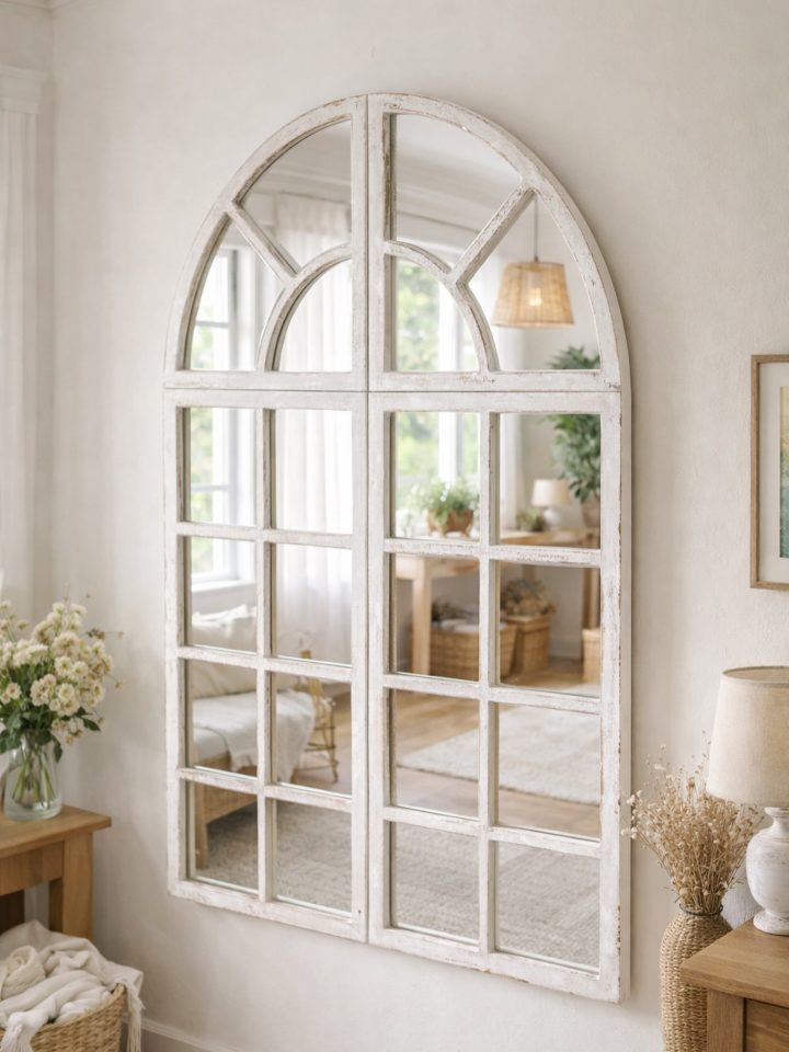 Distressed White Arched Vintage Mirror
