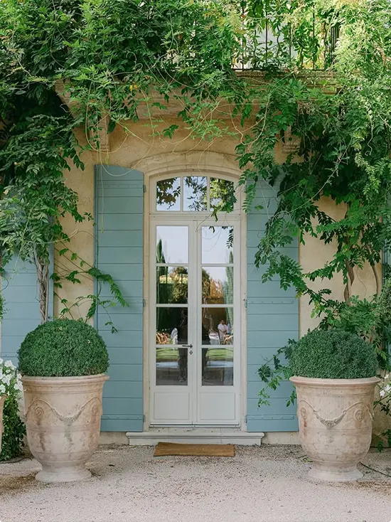 Door Surround with Dusty Blue Shutters