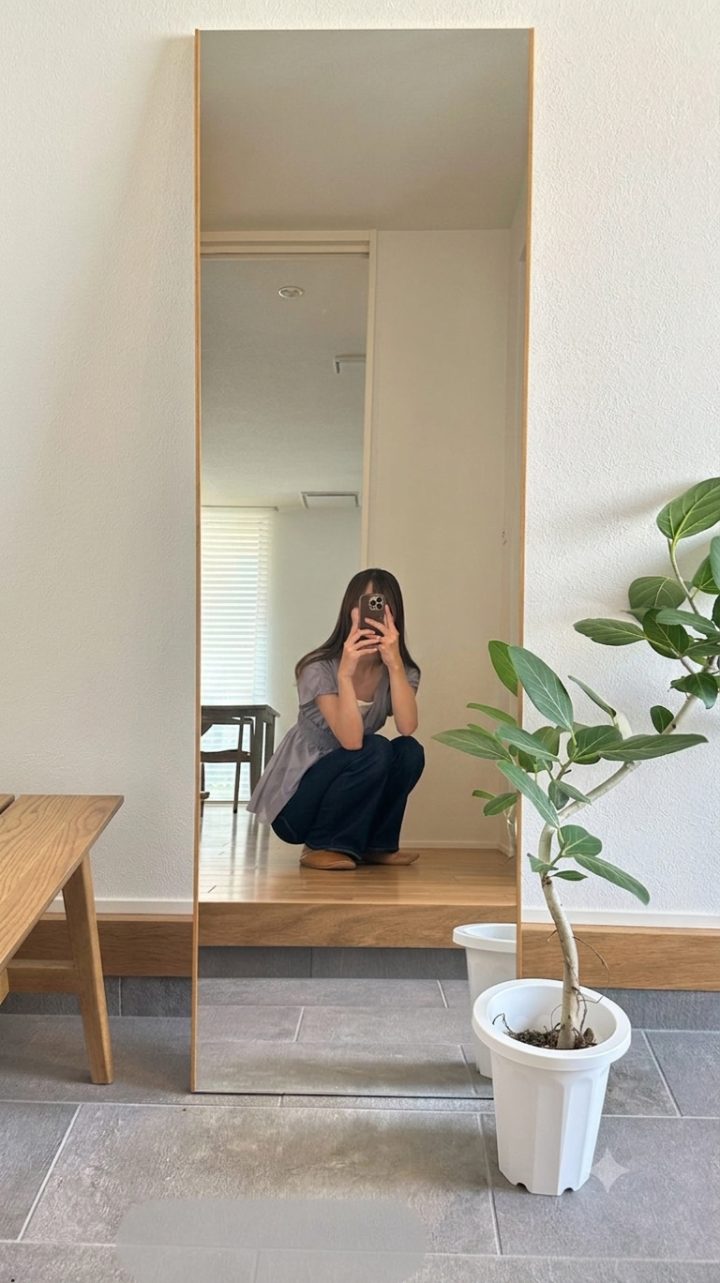 Full Length Thin Oak Mirror and Petite Fig Tree