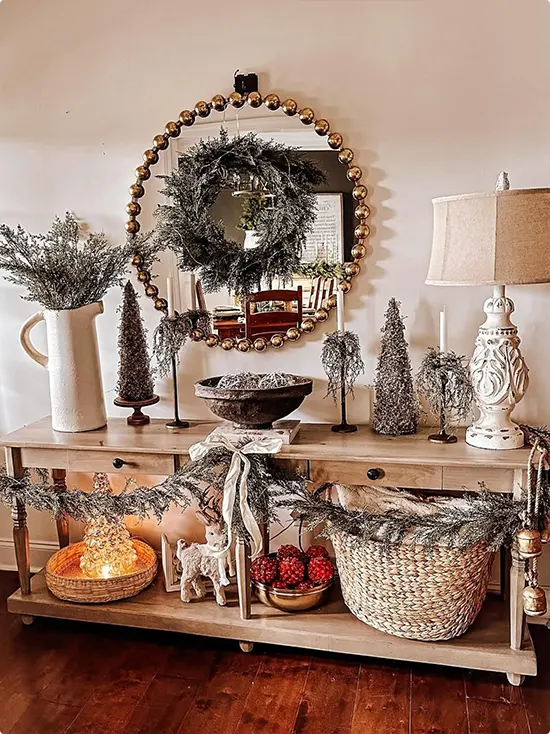 Golden Console with Oversized Round Mirror