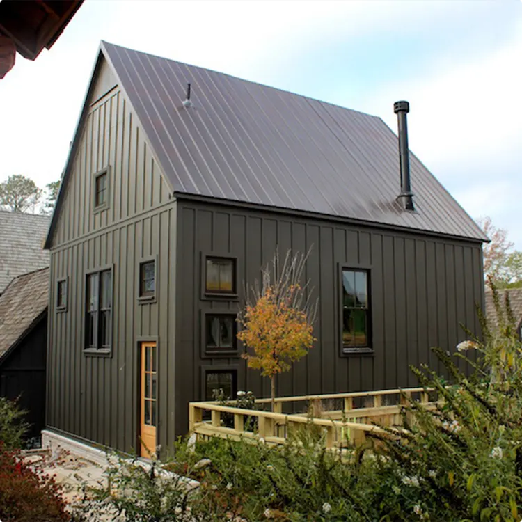Olive-gray vertical-sided barn house with a dark standing seam roof