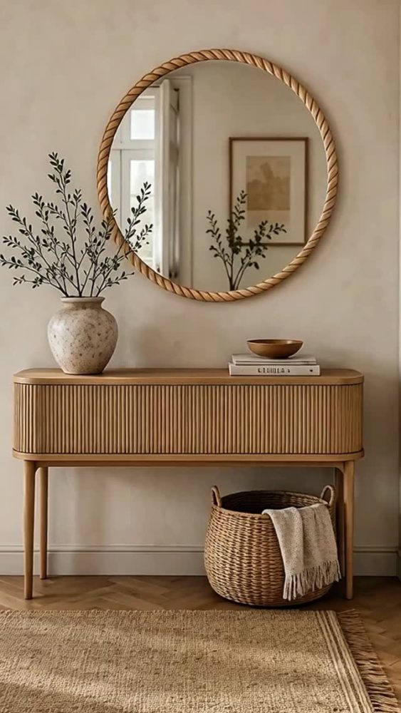 Round Mirror Above a Fluted Wood Console
