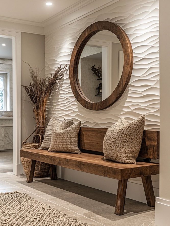 Round wood mirror against a wavy 3D wall panel