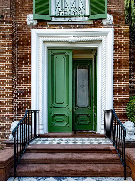 Southern Mansion Double Doors and Stone Lions