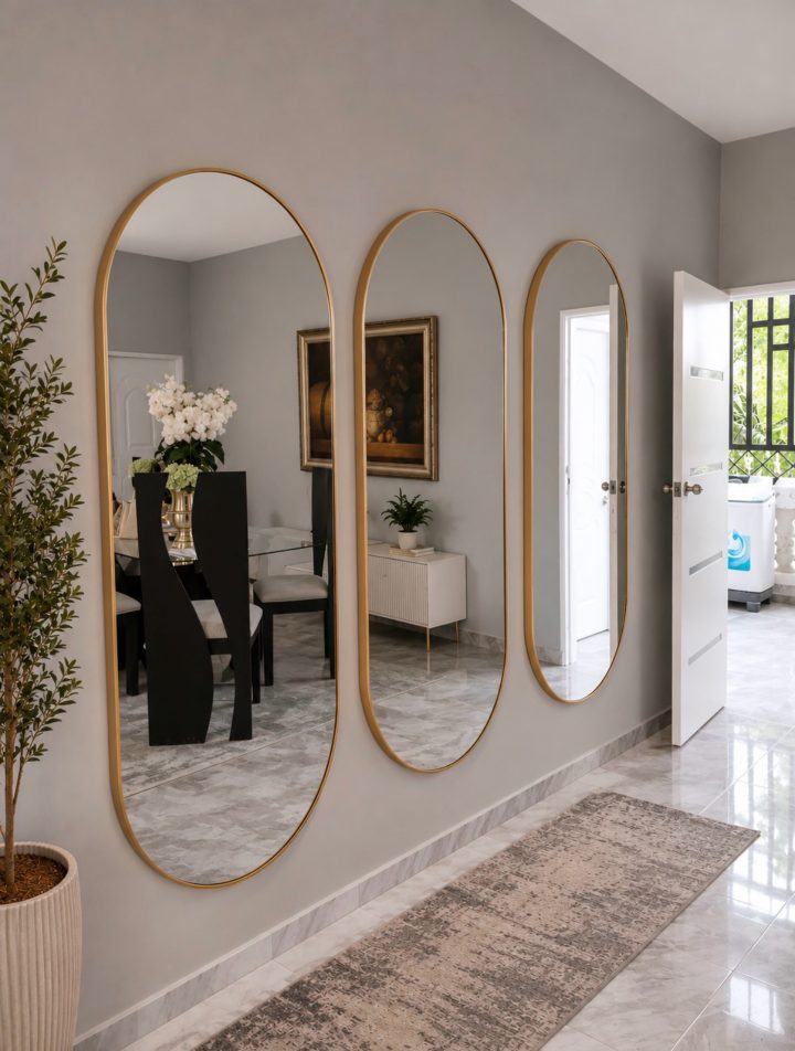 Three Gold Oval Mirrors on a Gray Wall