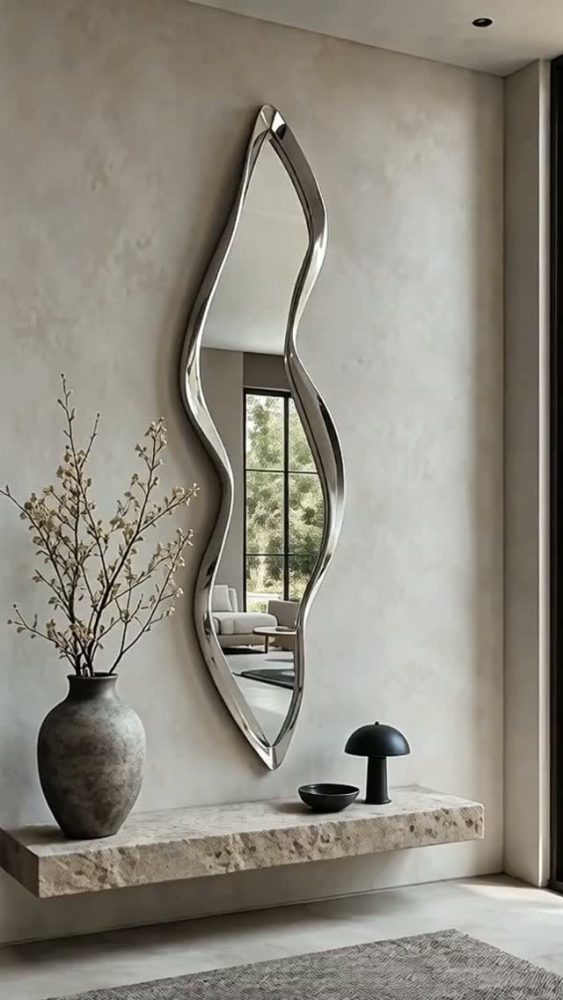 Wavy Chrome Mirror Above a Floating Stone Shelf