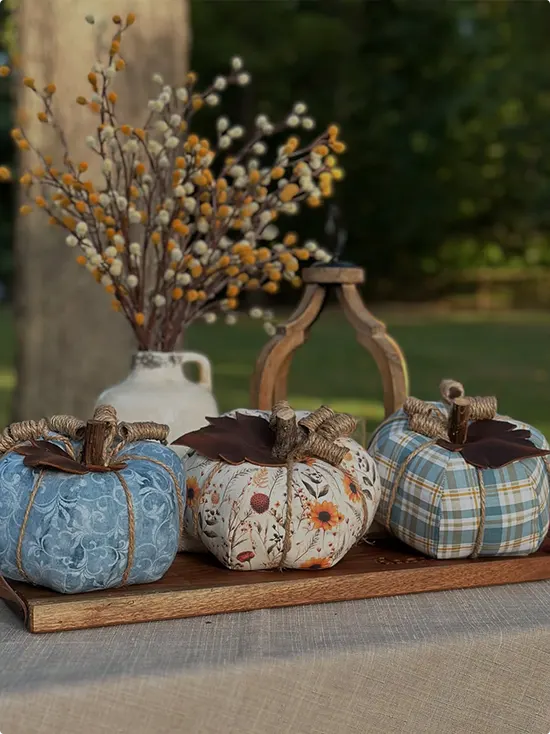 Wood Tray with Three Fabric Pumpkins in Floral, Plaid, and Solid Blue