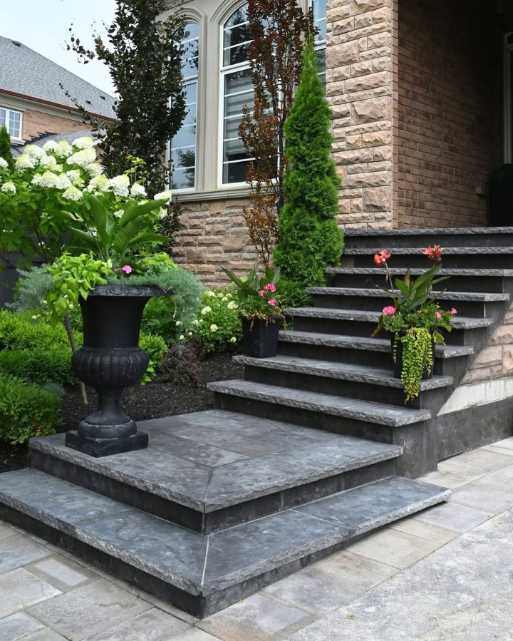 Classic Black Urn Planter and Stone Staircase