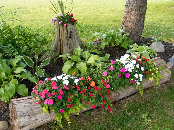 Flower trough made from a hollowed log