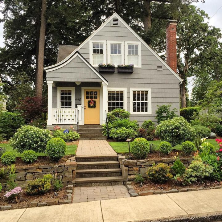 Golden Yellow Front Door with Stone Steps