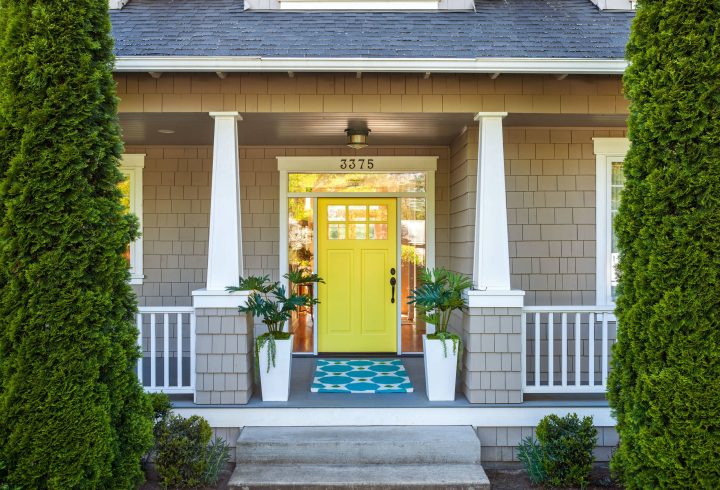 Mustard Yellow Door with Teal Doormat