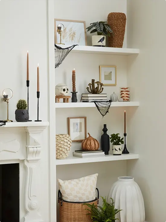 Neutral Halloween Shelf Decor for a Mantel