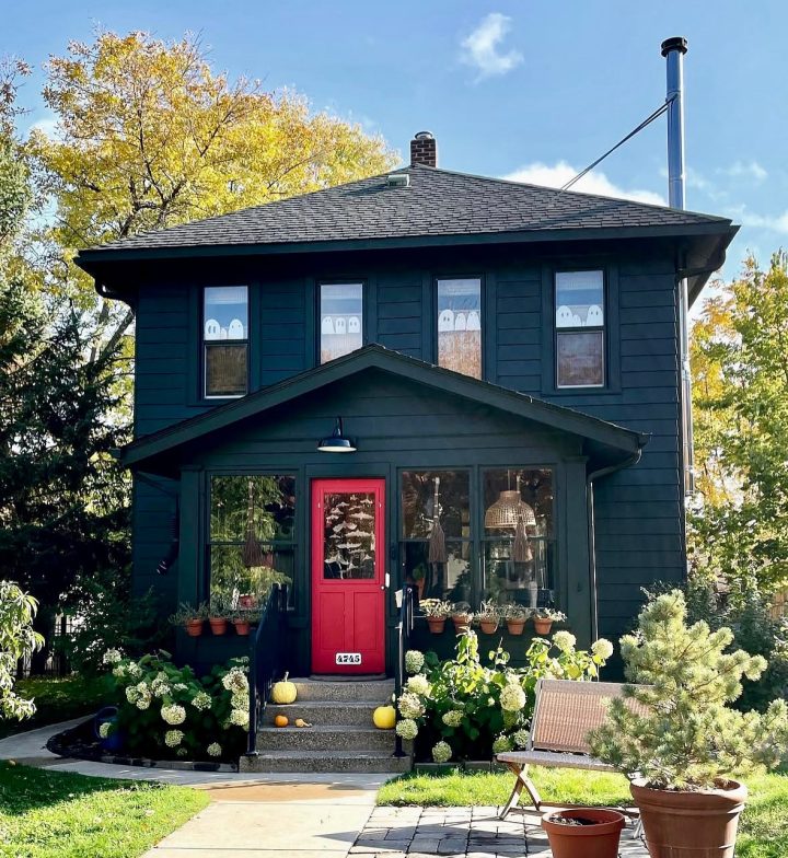 Gray House with Red Front Door