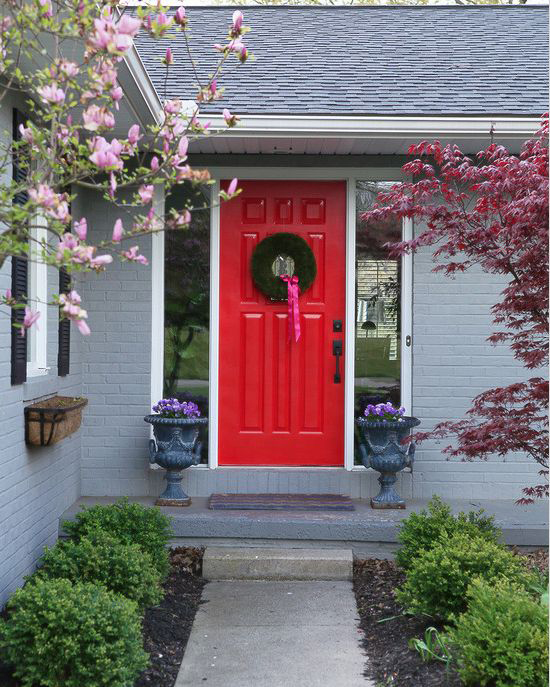 Gray House with Red Front Door