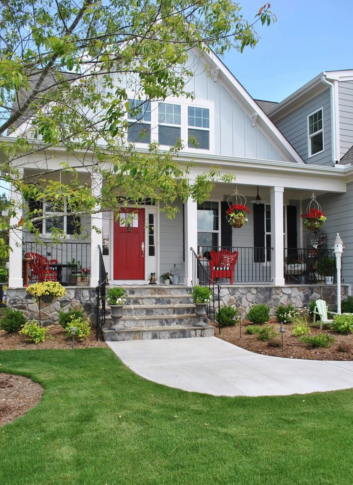 Red Door with Hanging Baskets