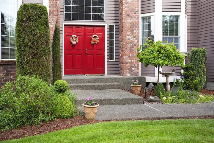 Red Double Front Doors with Matching Wreaths