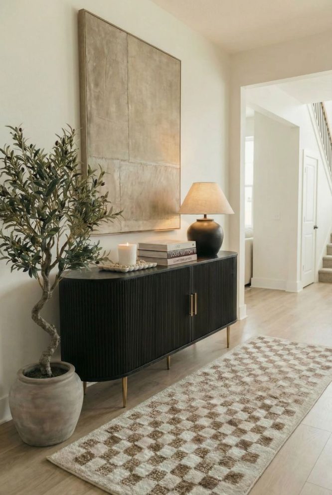 Black Fluted Sideboard with Faux Olive Tree