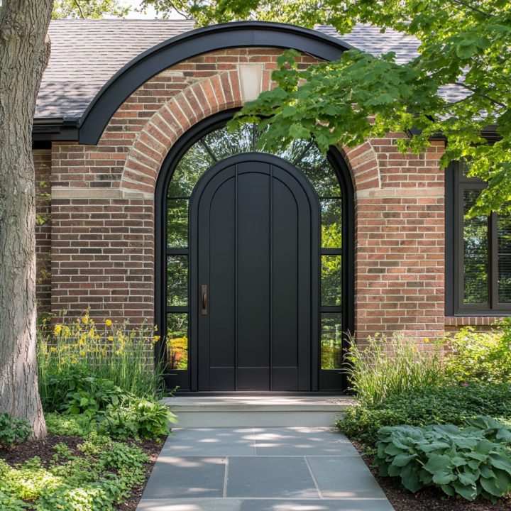 Black Steel Entry Arch and Brick Facade