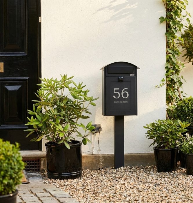 Black Wall-Mounted Mailbox and Potted Greenery