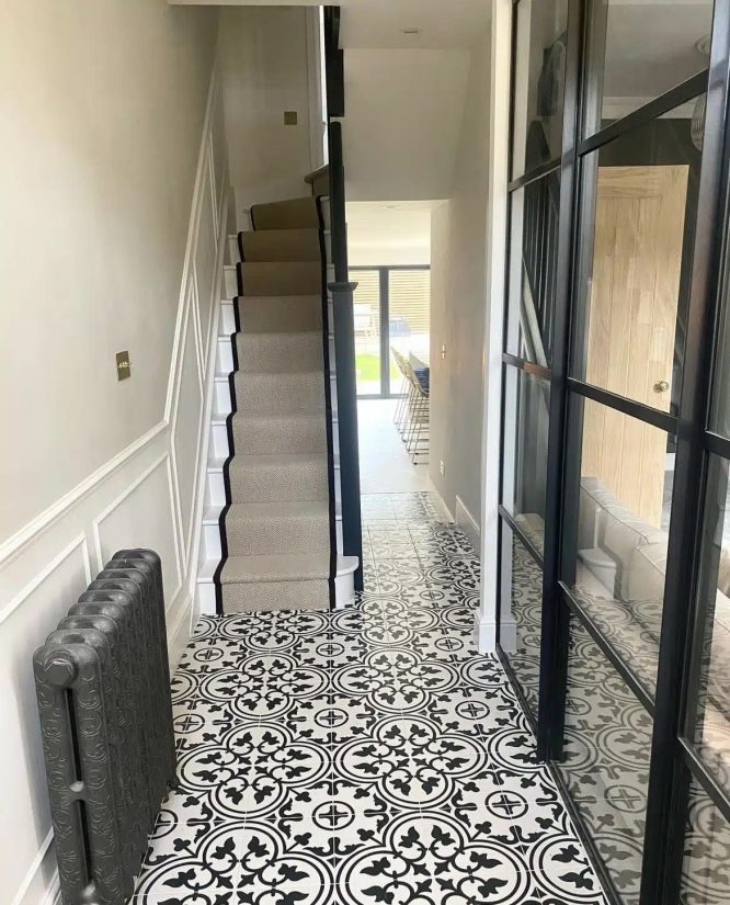 Bold Patterned Tile Entryway in Black and White