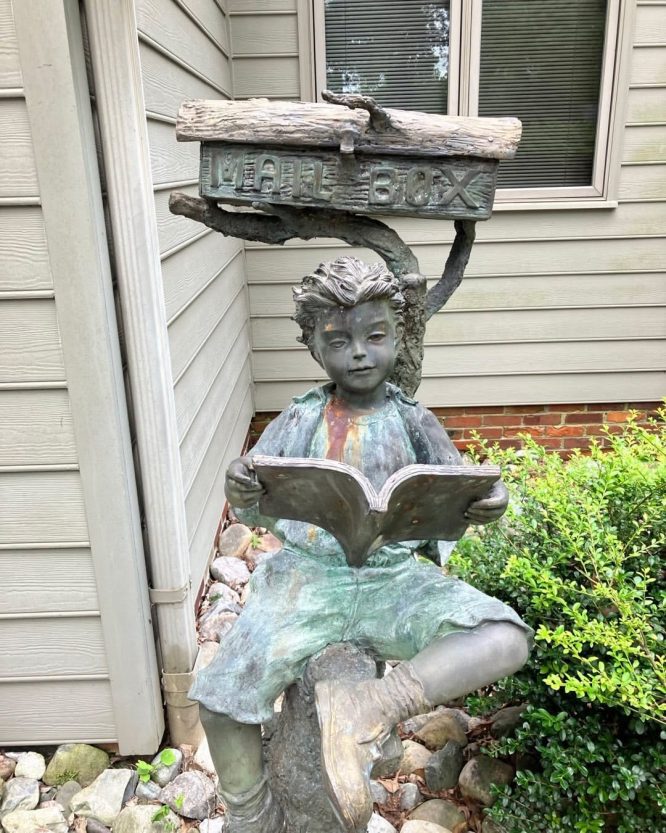 Bronze Boy Reading Mailbox Statue