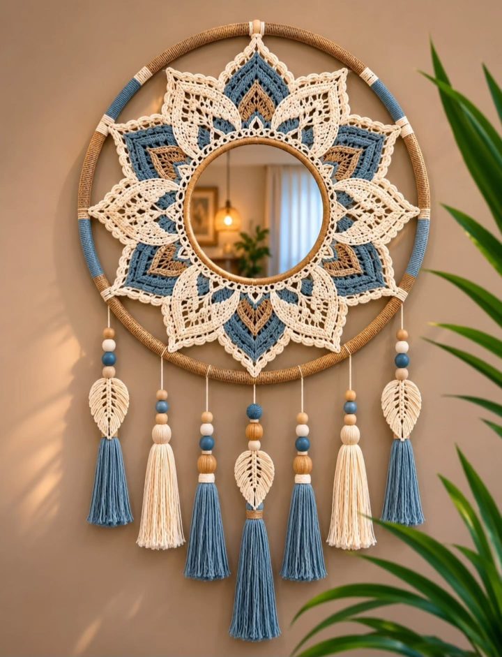 Cream Dusty Blue and Tan Crochet Lotus Mirror