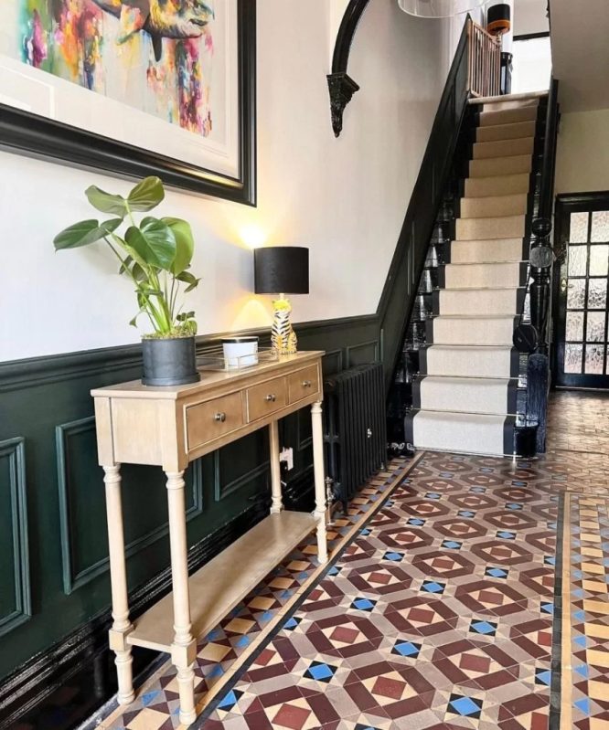 Deep Green Wainscoting with Black Staircase